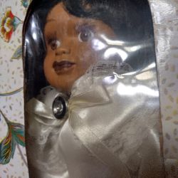 18" Black Porcelain Doll With Metal Stand New In Box