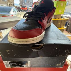 Size 9, Air Jordan, one low Jim, red, black and white