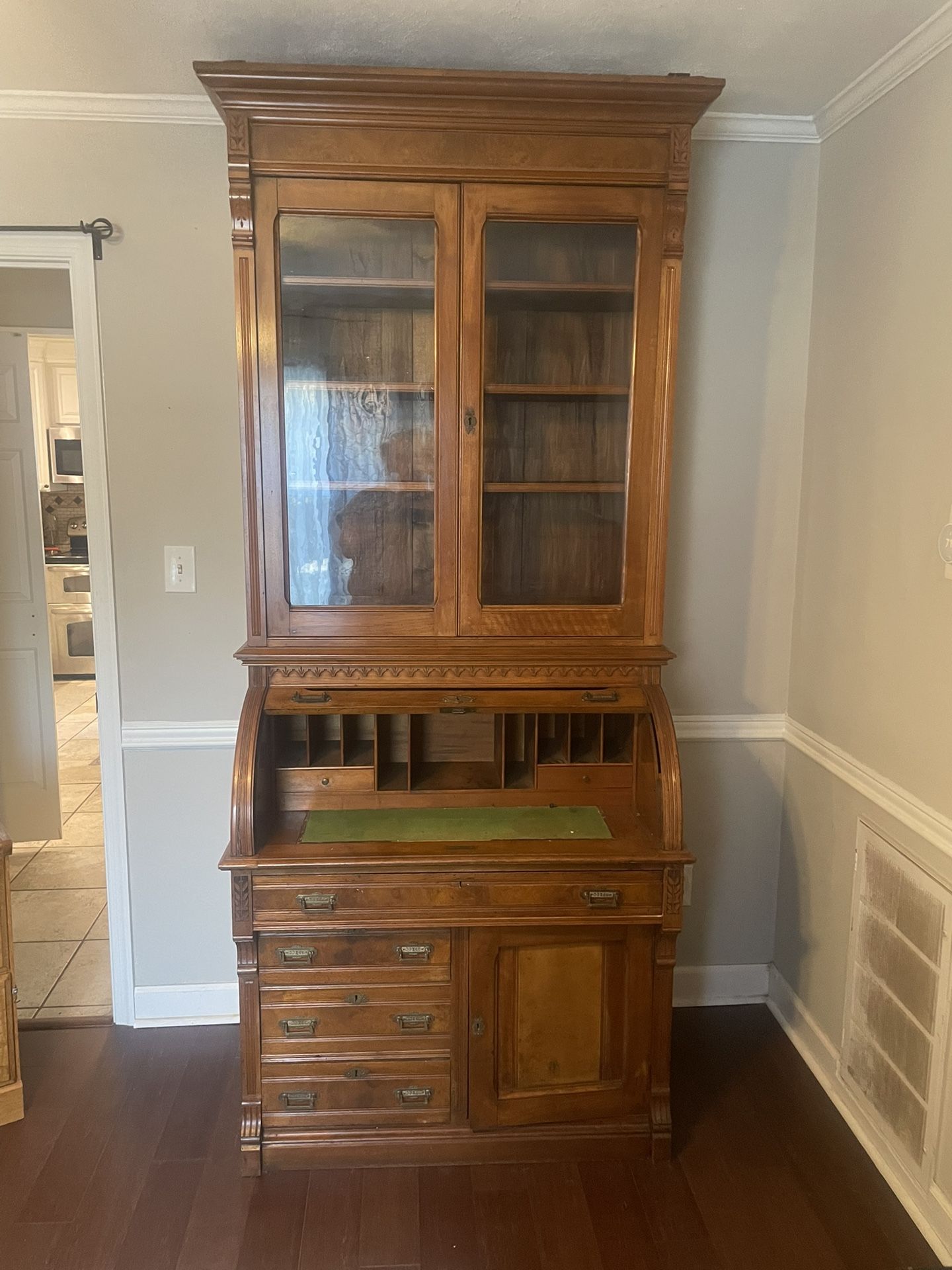 Antique Roll Desk With Removable Glass Top Cabinet