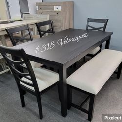 ✅️✅️6 pc Black  Color dining table set padded seat chairs and bench✅️✅️✅️