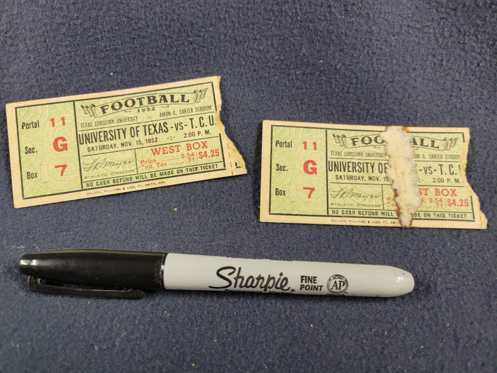 Vintage College Football Ticket Stubs, Texas vs. TCU, Nov 15, 1952