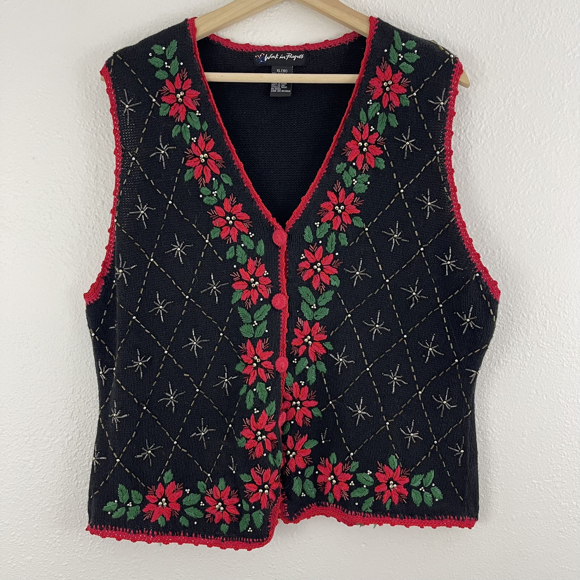Vintage 90s Black Red Christmas Holiday Floral Embroidered V Neck Ugly Knit Vest