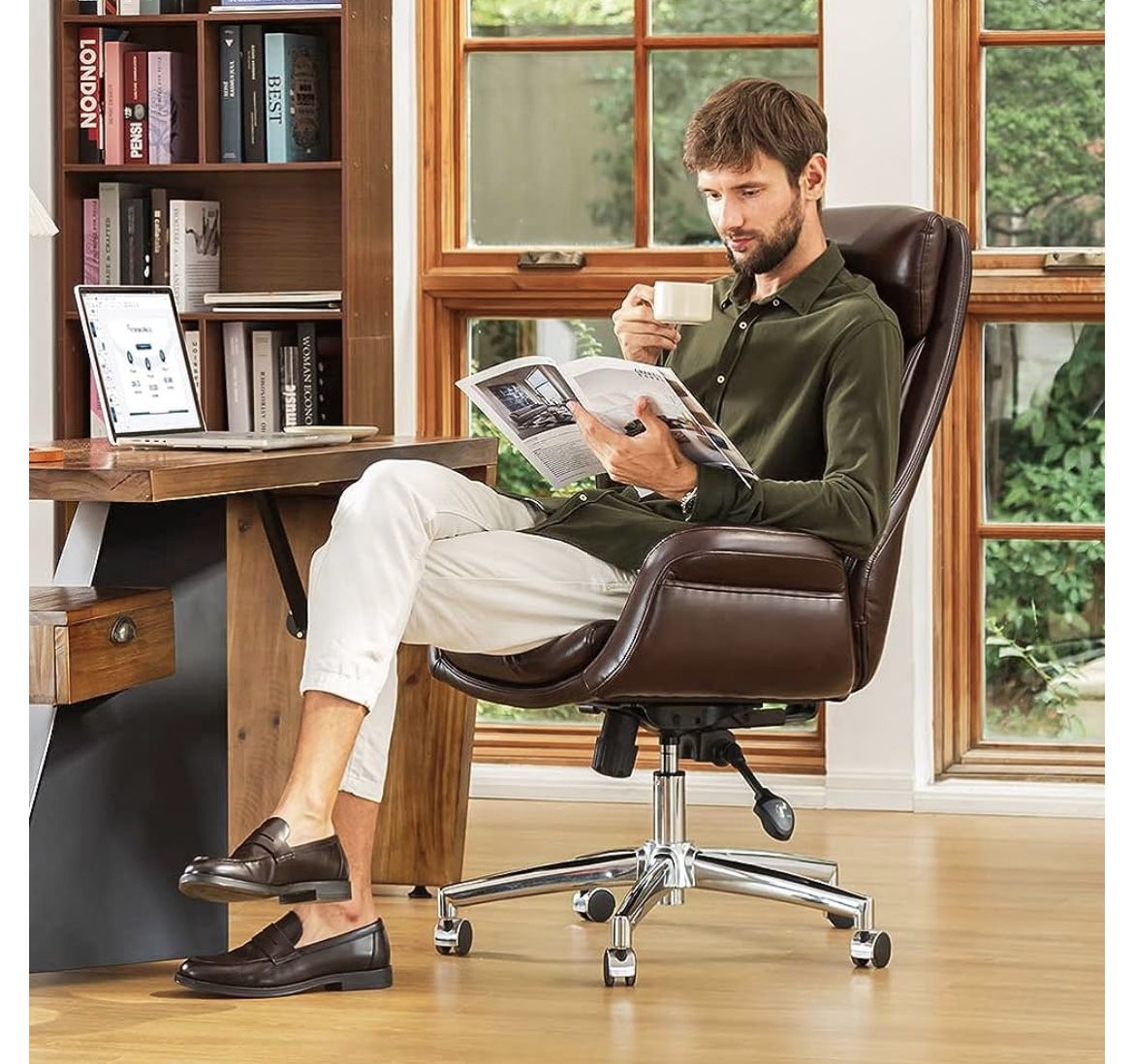 glitzhome PU Leather Adjustable HighBack Office Chair Home Executive Armrest Swivel Chair