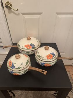 Set Of 3 Villeroy & Boch Amapola Enamel Flower Floral Pots & Pans With Lids