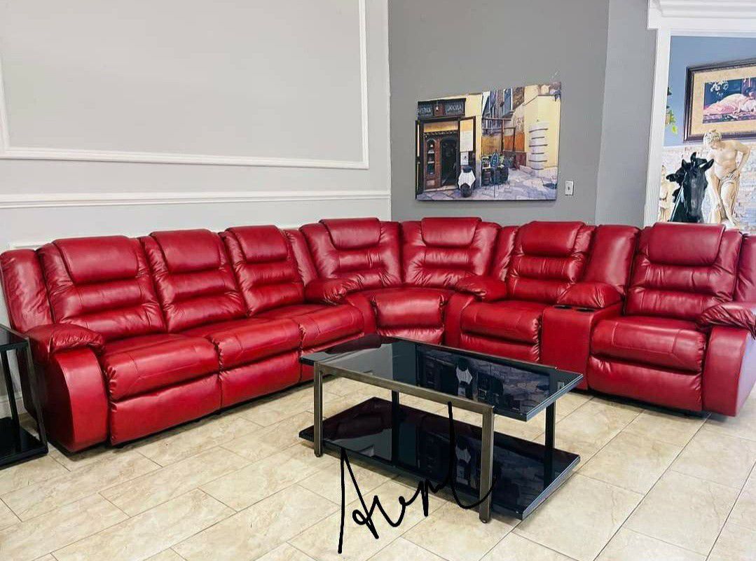 Red faux leather large reclining sectional 👉 brand new