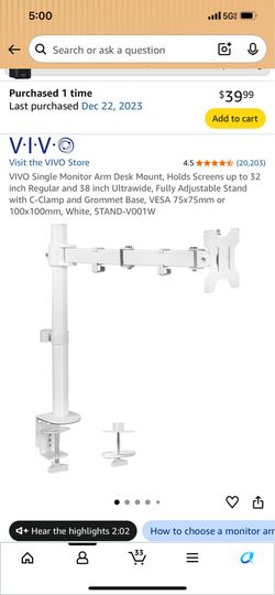 VIVO Single Monitor Arm Desk Mount
