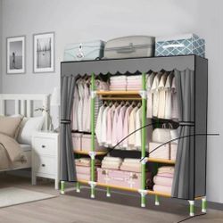 Portable Closet 57 Inch Wardrobe Closet Clothes Organizer with 3 Storage Shelves and 3 Hanging Rods, Cloth Closet of Colored Rods Grey Cover Quick and