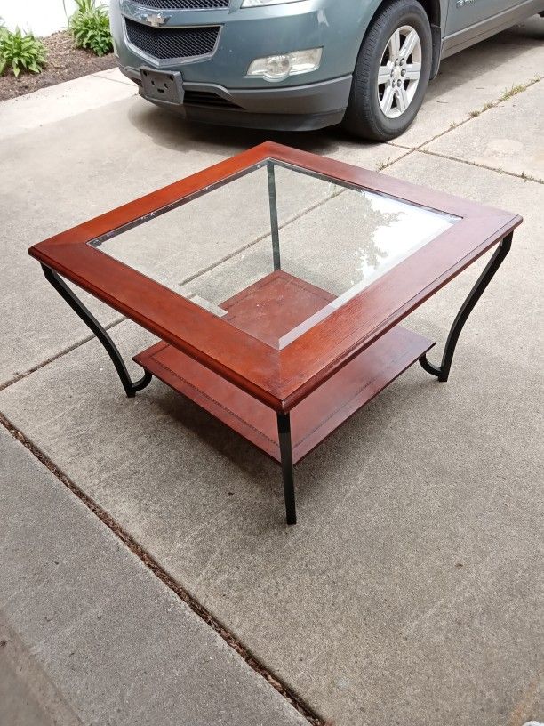 Wood And Metal Coffee Table With Glass Top