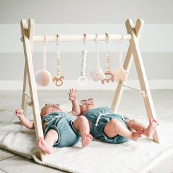 New Wooden Baby Gym with 6 Gym Toys, Foldable Baby Play Gym, Natural Pine Wood Play Gym