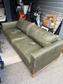 Green Leather Sofa with Wood Base