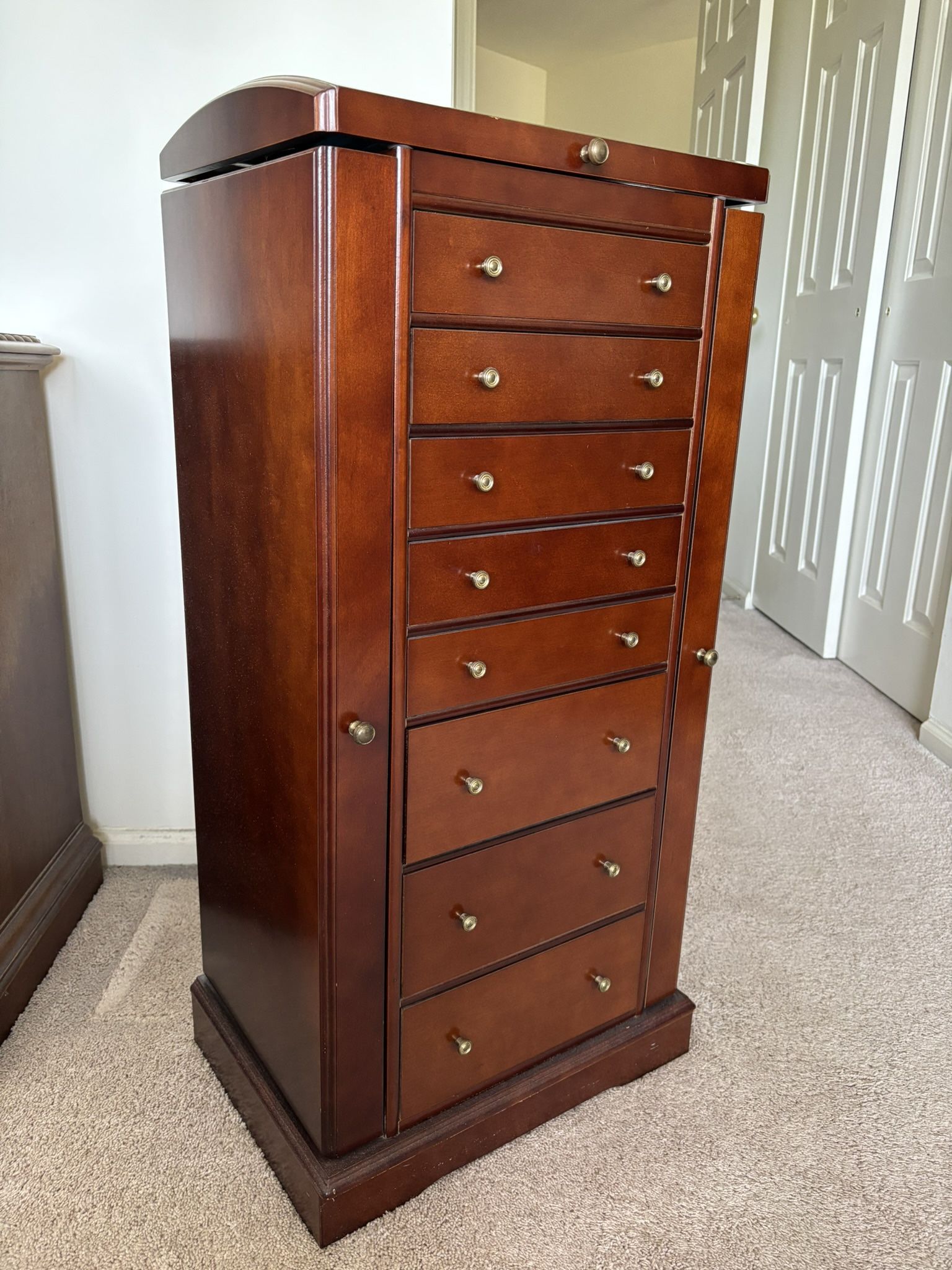 Classic Jewelry Cabinet, wood, 2 side doors magnetic with hooks, hinged top with mirror, 8 drawers 4 with dividers, velvet all interiors, 39”H x 18”W