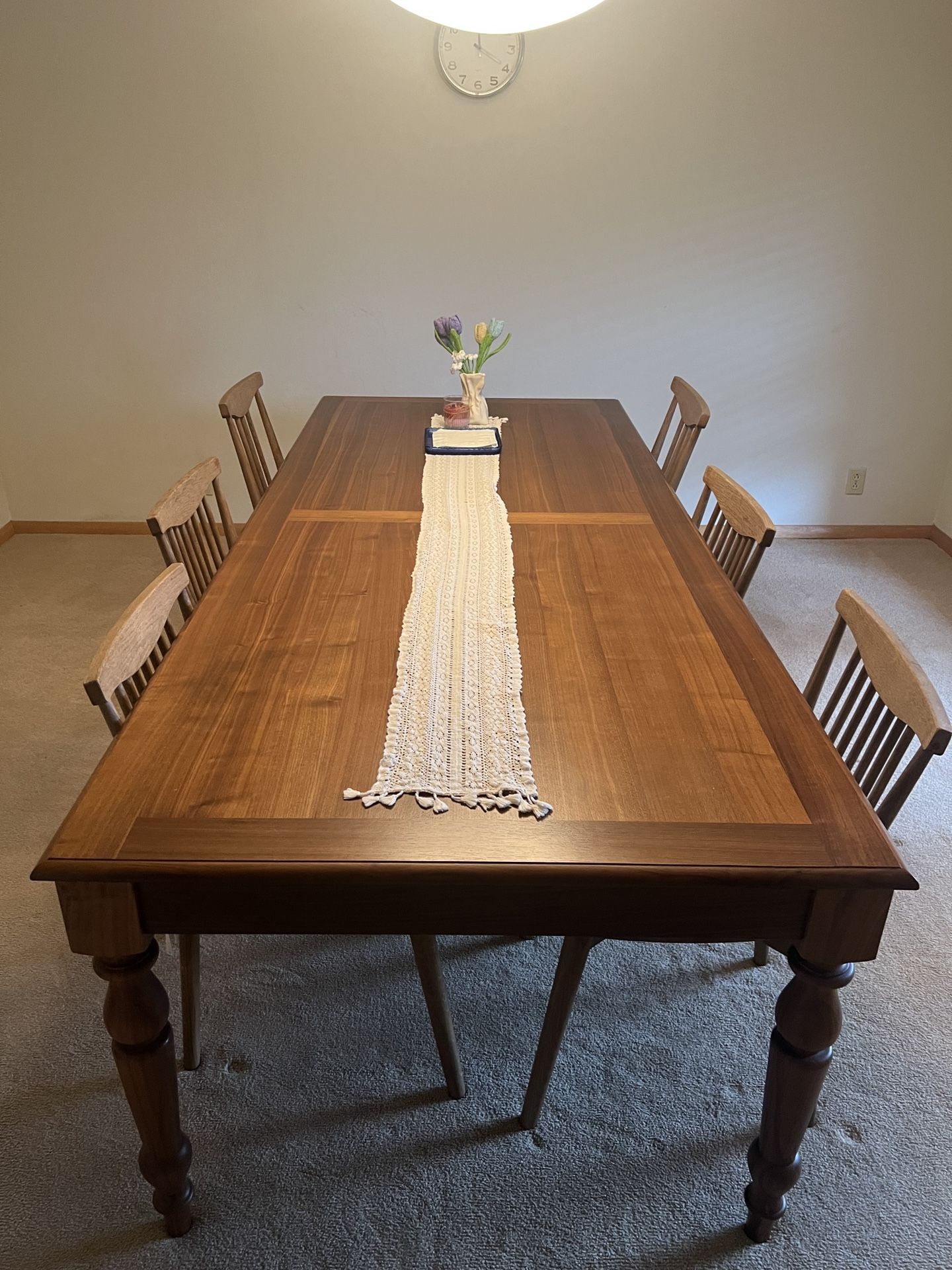 Living Spaces Solid Wood Dining Table +6 Chairs (One Chair Damaged)