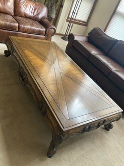 Large Wood Coffee Table with Carved Detail