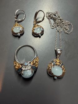 5 Piece Set Victoria Wieck Earrings, Pendant Chain Necklace Ring Size 9 .925 5.72ct Aquamarine Blue Diamond Topaz