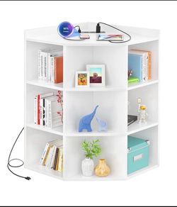 Aheaplus Corner Cabinet Power Outlet & LED Lights & 9 Storage Cubes White