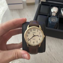 Timex Classic Leather/Gold Dress Watch - W/ Date And Light