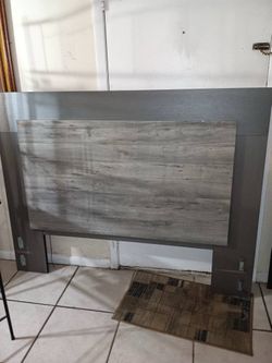 Gray Wood Panel Bed Headboard, Mattress and Frame