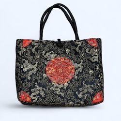 Black Red Gold Asian Dragon Satin Silk Like Material Shoulder Bag