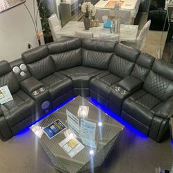 L.E.D. Power Reclining Leather Sectional w Bluetooth Speakers +