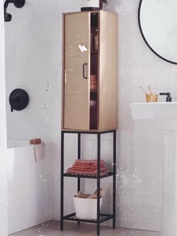 Tall Wooden Storage Cabinet with Metal Stand