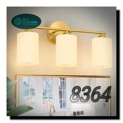 hollylite Gold Bathroom Light Fixtures, 3-Light Brass Vanity Lights with Frosted Glass Shade