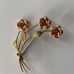 Vintage Krementz Yellow and Rose Gold Tone Rose Bouquet Brooch SIGNED with Box 