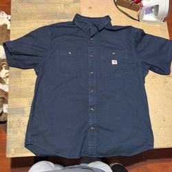 Carhartt Shirt Mens Blue Short Sleeve Button Up Relaxed Pockets LOGO NWT