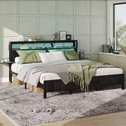Walnut Metal Frame Full Platform Bed with LED Upholstered Storage Headboard Charge Station and Foldable Bedside Shelf