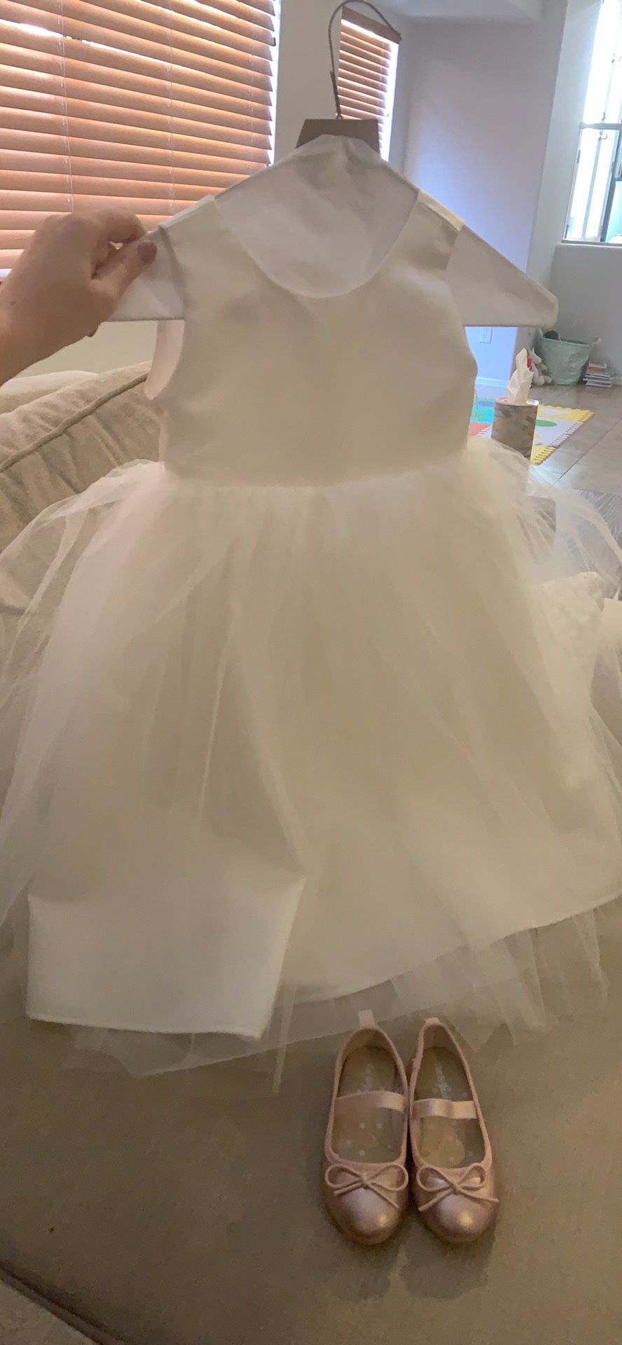 Flower girl dress with sash size 2T and size 4 shoes