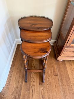 Vintage Nesting Tables wood and brass gallery rail top one 18” x 13.5” x 24.5”h Smoke free household