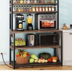 Denkee Large Bakers Rack with Power Outlets, 38 Inch Microwave Stand with Storage, 5-Tier Coffee Bar Stand, Industrial Kitchen Shelf Rack, Rustic Brow
