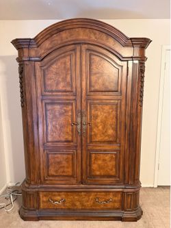 Solid Wood Armoire Cabinet – Beautiful Burled Wood + Storage