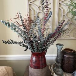 Large Two-Tone Vase Pitcher with Real Preserved Eucalyptus Flower Arrangement