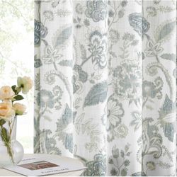 Floral Linen Curtains, 50"x 90", Blue Gray