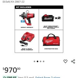 Milwaukee M18 FUEL ONE-KEY 18V  1 in. Inch Impact Wrench with Friction Ring&Two 8.0 Ah Batteries  1800 Ft-lbs torque 2867-22 