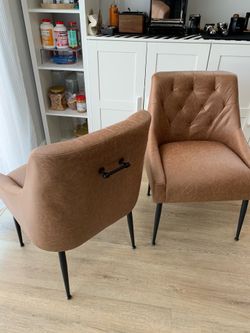 Dining Chairs Set of 2, Faux Leather with Back Pull Rod. Light Brown