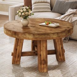 NEW 31.5" Round Solid Wood Coffee Table, Thick Tabletop, Rustic Brown