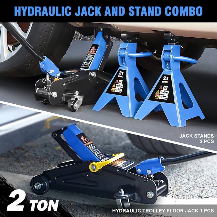 Low Profile Hydraulic Trolley Service/Floor Jack Combo with 2 Ratchet Jack Stands, 2 Ton (4000 lbs) Capacity, TOOLS-00476