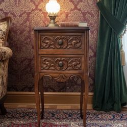 Antique Vintage French Mahogany Wood Carved Mersman Bedside Table 11x13x26in