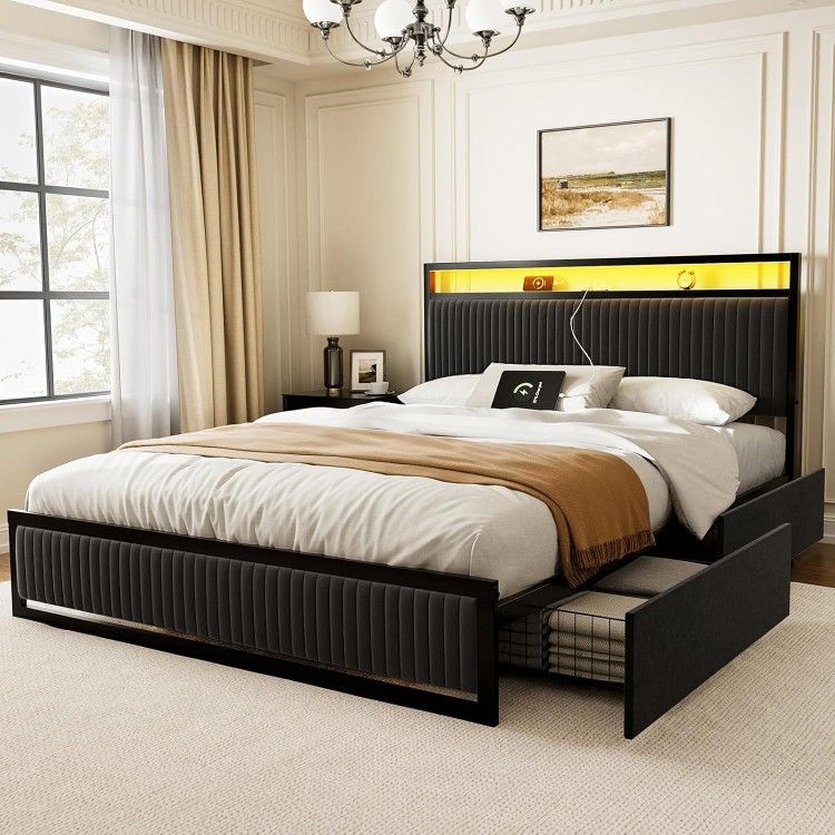 NEW - Queen Size Bed Frame with Headboard, Storage Drawers, USB Charging & LED Light Strip