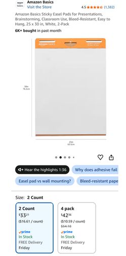 Amazon Basics Sticky Easel Pads for Presentations, Brainstorming, Classroom Use, Bleed-Resistant, Easy to Hang, 25 x 30 in, White, 2-Pack