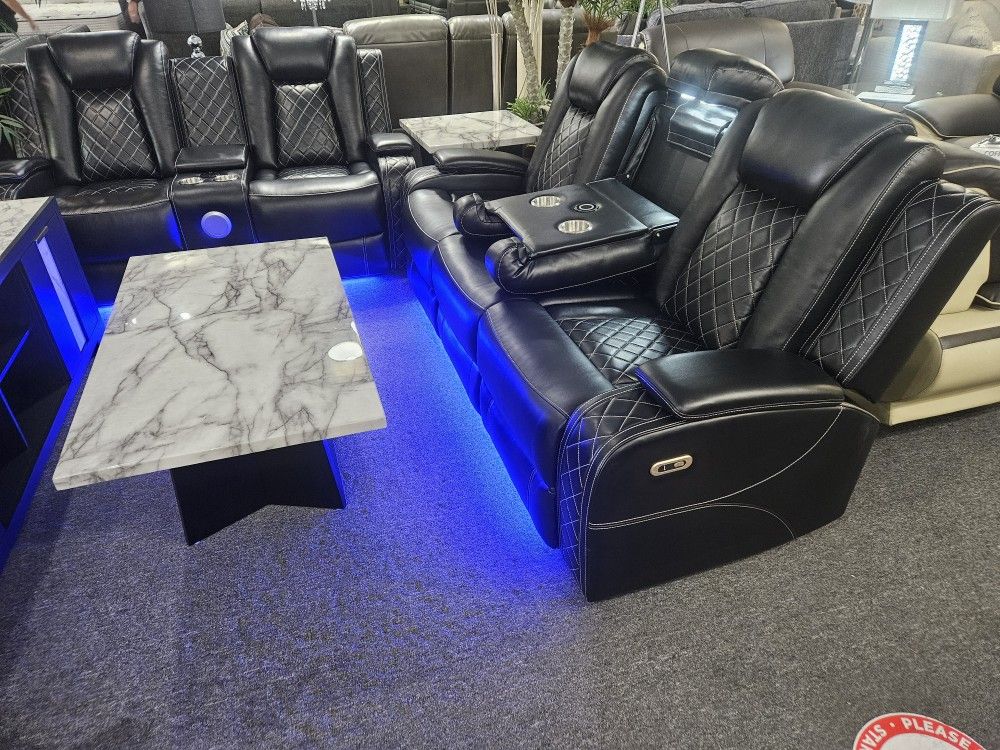 Brand New Black Synthetic Leather Motorized Reclining Movie Theater Sofa With Center Console, LED, Wireless Charging + Loveseat With Speakers, LED
