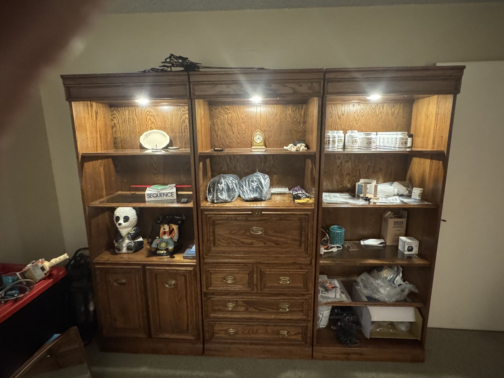 Set Of Three Oak Wall Unit With Desk