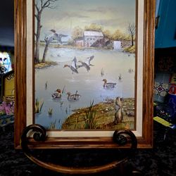 Vintage 1980s Wild Life Flying Duck Oil Painting Signed C. Carson  16.5"×20.5"