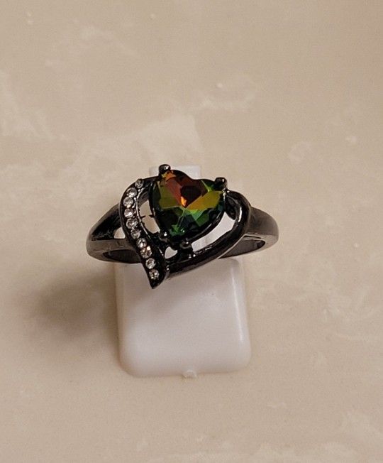 Gunmetal and CZ Iridescent Heart Ring Size 9