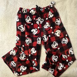 Disney Mickey Mouse Santa Hat Christmas Plaid Plush Fleece Pajama Pants Men size L NWT