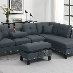 3-pc Sectional Sofa With Storage Ottoman Charcoal Fabric