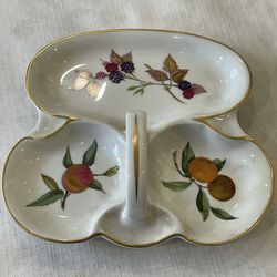 Royal Worcester Evesham Gold handled three-section relish dish with fruit decoration. 7.75”x 8.25”