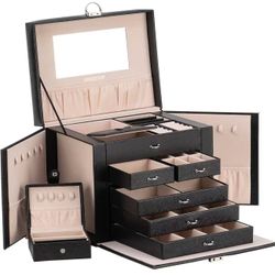 Jewelry Box Black PU Leather Large Lockable Organizer Storage Christmas 