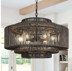 7137: New 24" Rattan Pendant Light 6-Light Black Rattan Chandelier Lights Fixture 3-Tier Hand-Woven Rattans Chandelier Wicker Pendant Boho Lights Rust